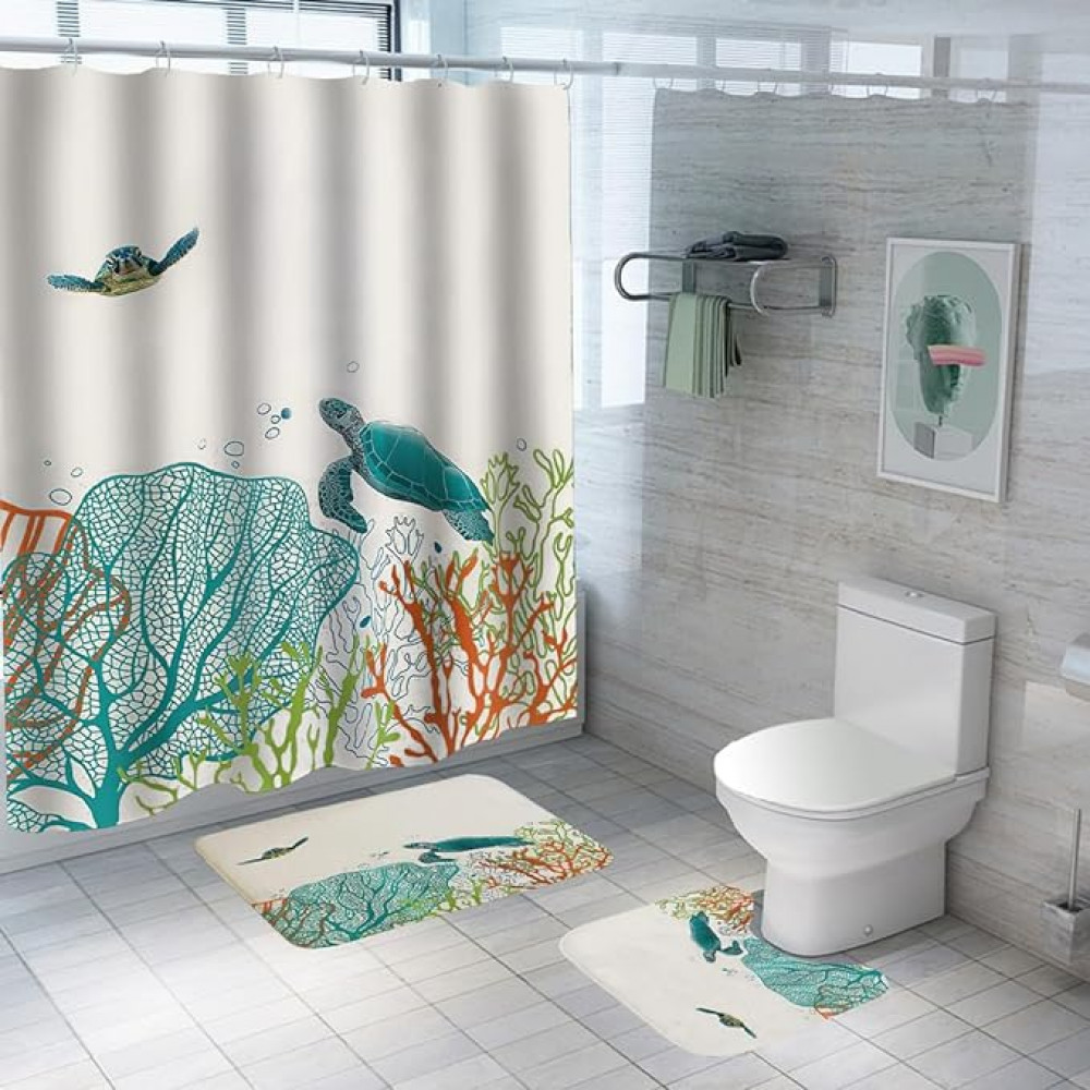 Kuber Industries Shower Curtain &amp; Bathmat Set | Non-Slip Bath mats for Bathroom | Easy-Slide Curtains | Polyester Curtain or Bathmat for Bath DÃ©cor | YF330-3T | 3 Pcs Set | Multicolor