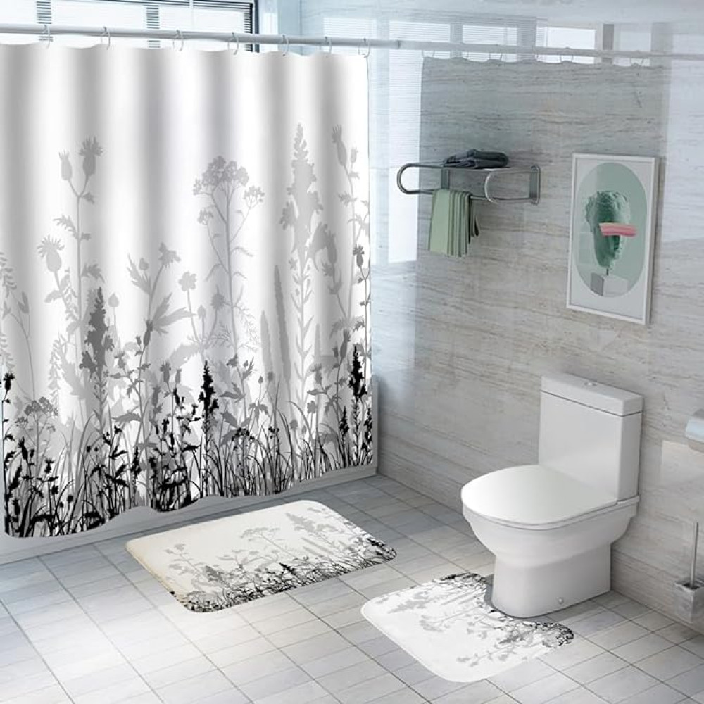Kuber Industries Shower Curtain &amp; Bathmat Set | Non-Slip Bath mats for Bathroom | Easy-Slide Curtains | Polyester Curtain or Bathmat for Bath DÃ©cor | YF343-3T | 3 Pcs Set | Multicolor