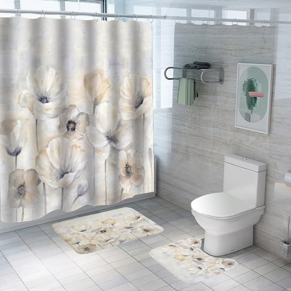 Kuber Industries Shower Curtain &amp; Bathmat Set | Non-Slip Bath mats for Bathroom | Easy-Slide Curtains | Polyester Curtain or Bathmat for Bath DÃ©cor | YF345-3T | 3 Pcs Set | Multicolor
