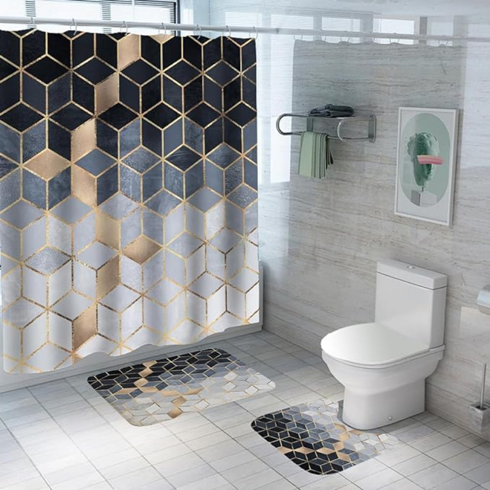 Kuber Industries Shower Curtain &amp; Bathmat Set | Non-Slip Bath mats for Bathroom | Easy-Slide Curtains | Polyester Curtain or Bathmat for Bath DÃ©cor | YF49-3T | 3 Pcs Set | Multicolor