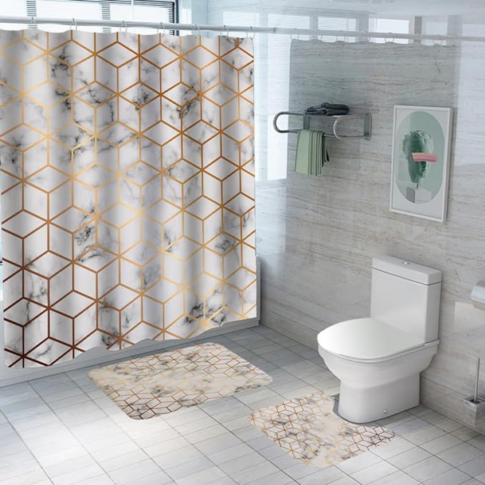 Kuber Industries Shower Curtain &amp; Bathmat Set | Non-Slip Bath mats for Bathroom | Easy-Slide Curtains | Polyester Curtain or Bathmat for Bath DÃ©cor | YF52-3T | 3 Pcs Set | Multicolor