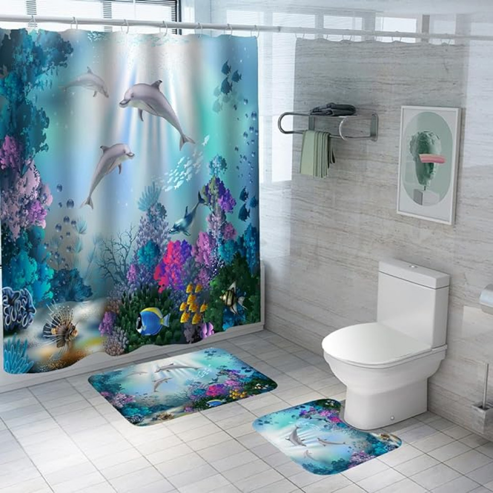 Kuber Industries Shower Curtain &amp; Bathmat Set | Non-Slip Bath mats for Bathroom | Easy-Slide Curtains | Polyester Curtain or Bathmat for Bath DÃ©cor | YF6-3T | 3 Pcs Set | Multicolor