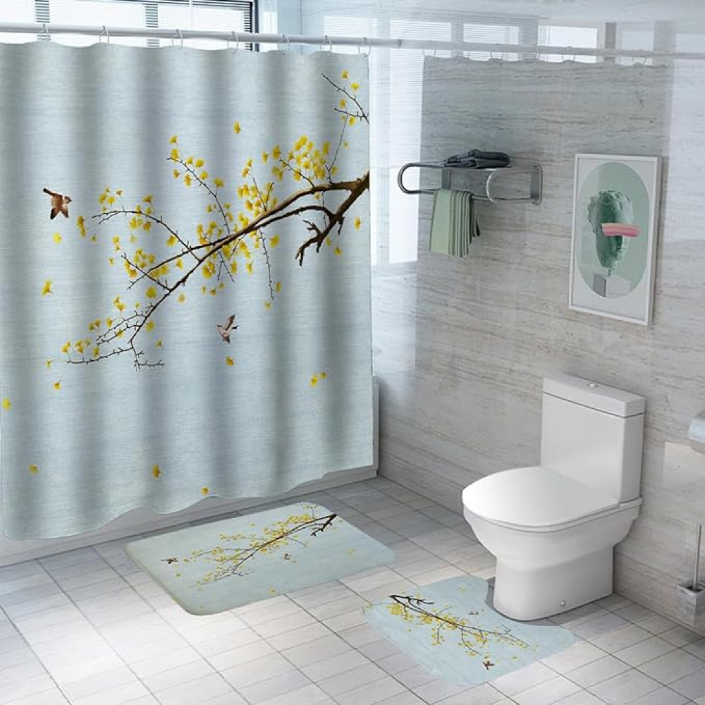 Kuber Industries Shower Curtain &amp; Bathmat Set | Non-Slip Bath mats for Bathroom | Easy-Slide Curtains | Polyester Curtain or Bathmat for Bath DÃ©cor | YF9-3T | 3 Pcs Set | Multicolor