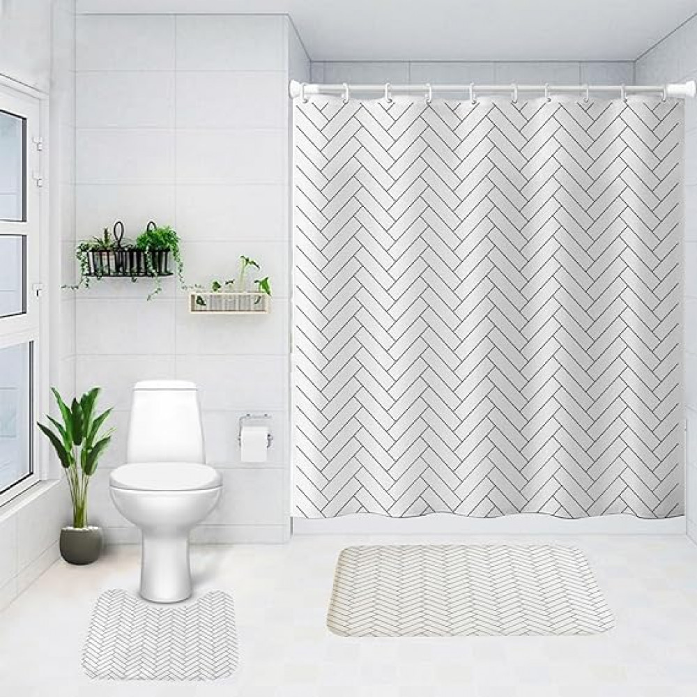 Kuber Industries Shower Curtain &amp; Bathmat Set | Non-Slip Bath mats for Bathroom | Easy-Slide Curtains | Polyester Curtain or Bathmat for Bath DÃ©cor | YX0136-3T | 3 Pcs Set | Multicolor