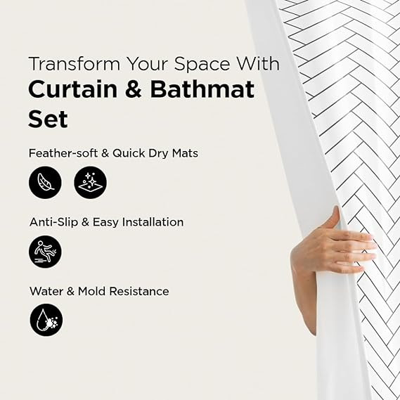 Kuber Industries Shower Curtain & Bathmat Set | Non-Slip Bath mats for Bathroom | Easy-Slide Curtains | Polyester Curtain or Bathmat for Bath DÃ©cor | YX0136-3T | 3 Pcs Set | Multicolor