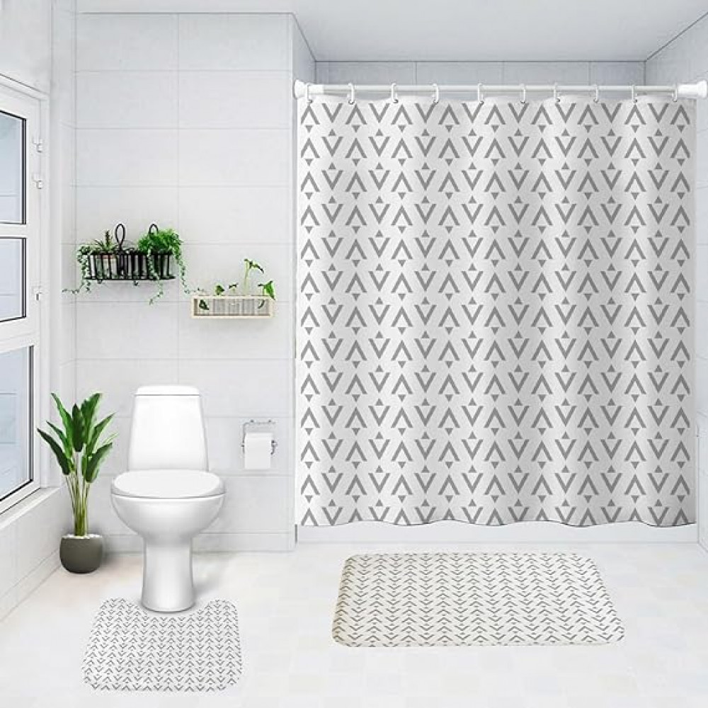 Kuber Industries Shower Curtain &amp; Bathmat Set | Non-Slip Bath mats for Bathroom | Easy-Slide Curtains | Polyester Curtain or Bathmat for Bath DÃ©cor | YX0138-3T | 3 Pcs Set | Multicolor