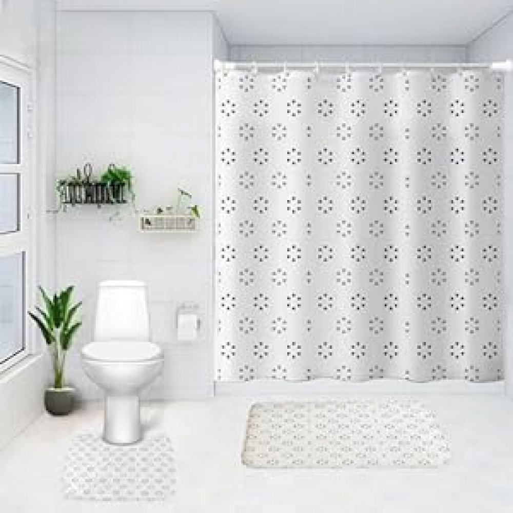 Kuber Industries Shower Curtain &amp; Bathmat Set | Non-Slip Bath mats for Bathroom | Easy-Slide Curtains | Polyester Curtain or Bathmat for Bath DÃ©cor | YX0141-3T | 3 Pcs Set | Multicolor