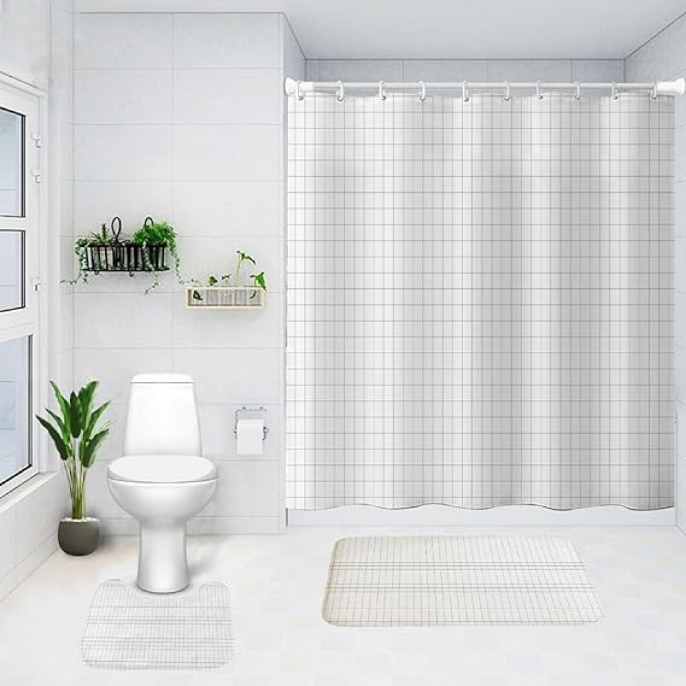 Kuber Industries Shower Curtain &amp; Bathmat Set | Non-Slip Bath mats for Bathroom | Easy-Slide Curtains | Polyester Curtain or Bathmat for Bath DÃ©cor | YX0147-3T | 3 Pcs Set | Multicolor
