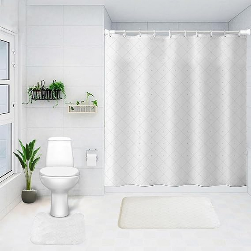 Kuber Industries Shower Curtain &amp; Bathmat Set | Non-Slip Bath mats for Bathroom | Easy-Slide Curtains | Polyester Curtain or Bathmat for Bath DÃ©cor | YX0148-3T | 3 Pcs Set | Multicolor