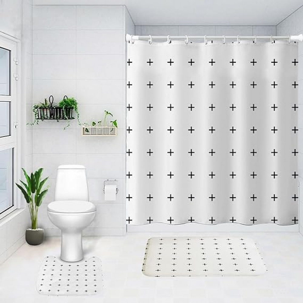 Kuber Industries Shower Curtain &amp; Bathmat Set | Non-Slip Bath mats for Bathroom | Easy-Slide Curtains | Polyester Curtain or Bathmat for Bath DÃ©cor | YX0149-3T | 3 Pcs Set | Multicolor