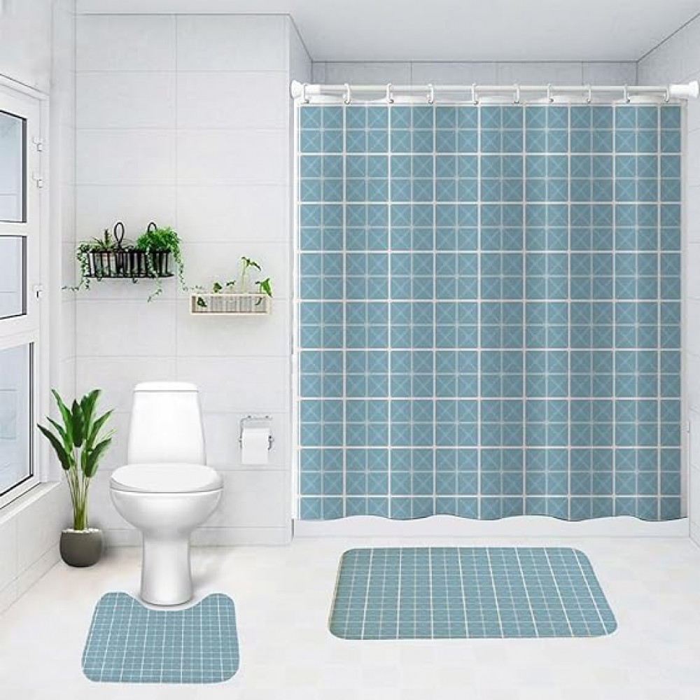 Kuber Industries Shower Curtain &amp; Bathmat Set | Non-Slip Bath mats for Bathroom | Easy-Slide Curtains | Polyester Curtain or Bathmat for Bath DÃ©cor | YX0150-3T | 3 Pcs Set | Multicolor