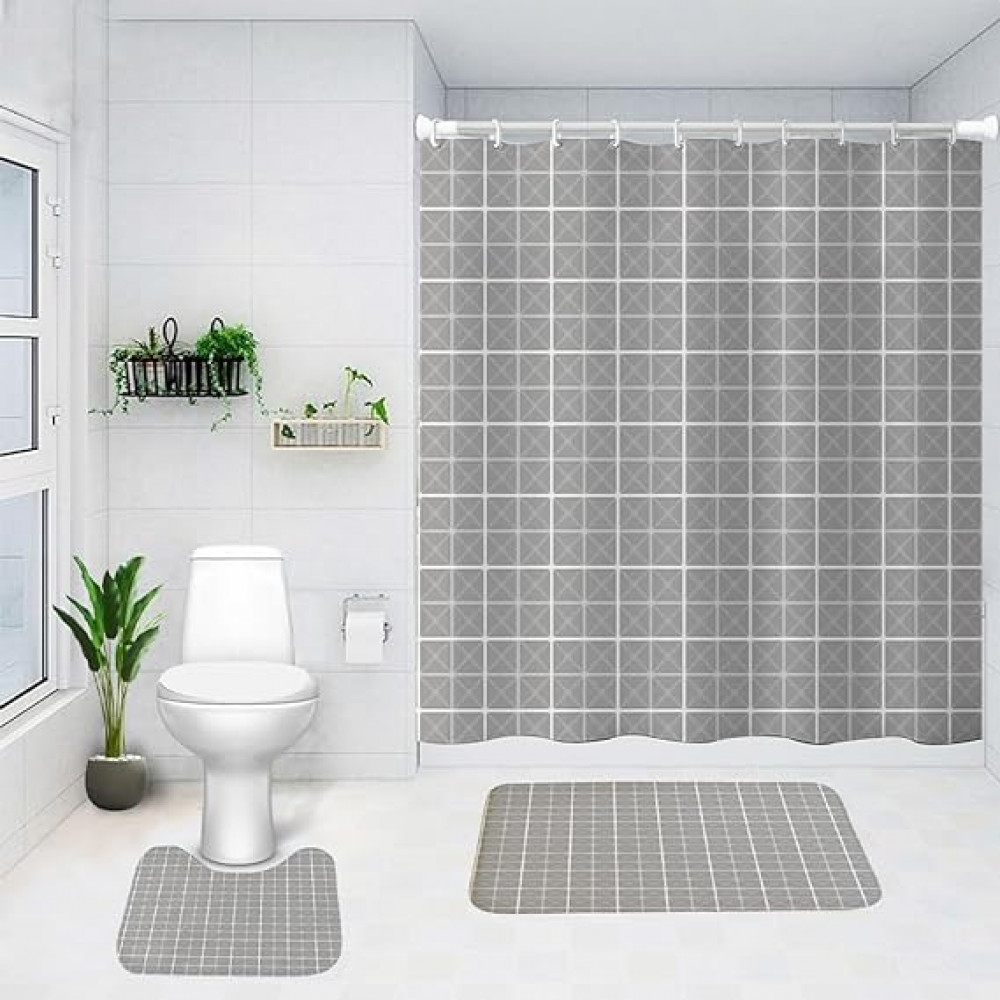 Kuber Industries Shower Curtain &amp; Bathmat Set | Non-Slip Bath mats for Bathroom | Easy-Slide Curtains | Polyester Curtain or Bathmat for Bath DÃ©cor | YX0152-3T | 3 Pcs Set | Multicolor