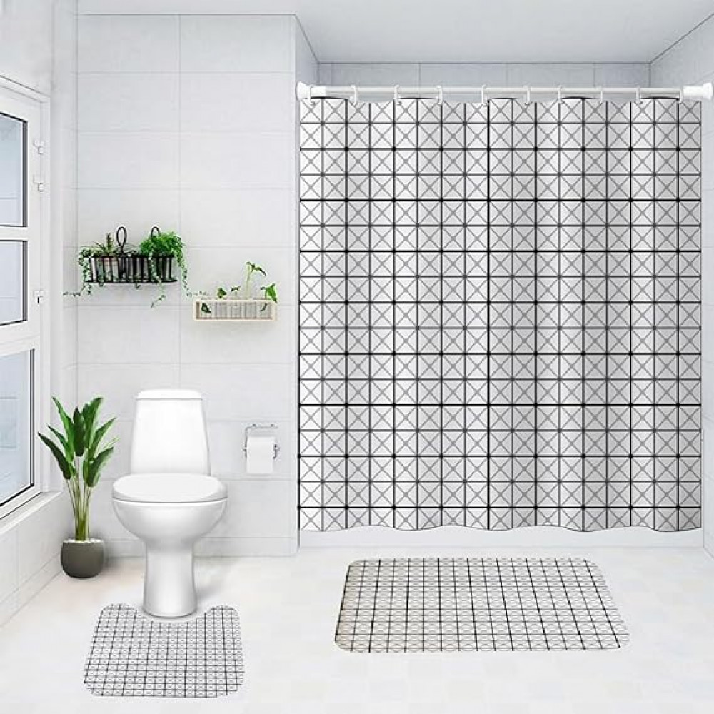Kuber Industries Shower Curtain &amp; Bathmat Set | Non-Slip Bath mats for Bathroom | Easy-Slide Curtains | Polyester Curtain or Bathmat for Bath DÃ©cor | YX0154-3T | 3 Pcs Set | Multicolor