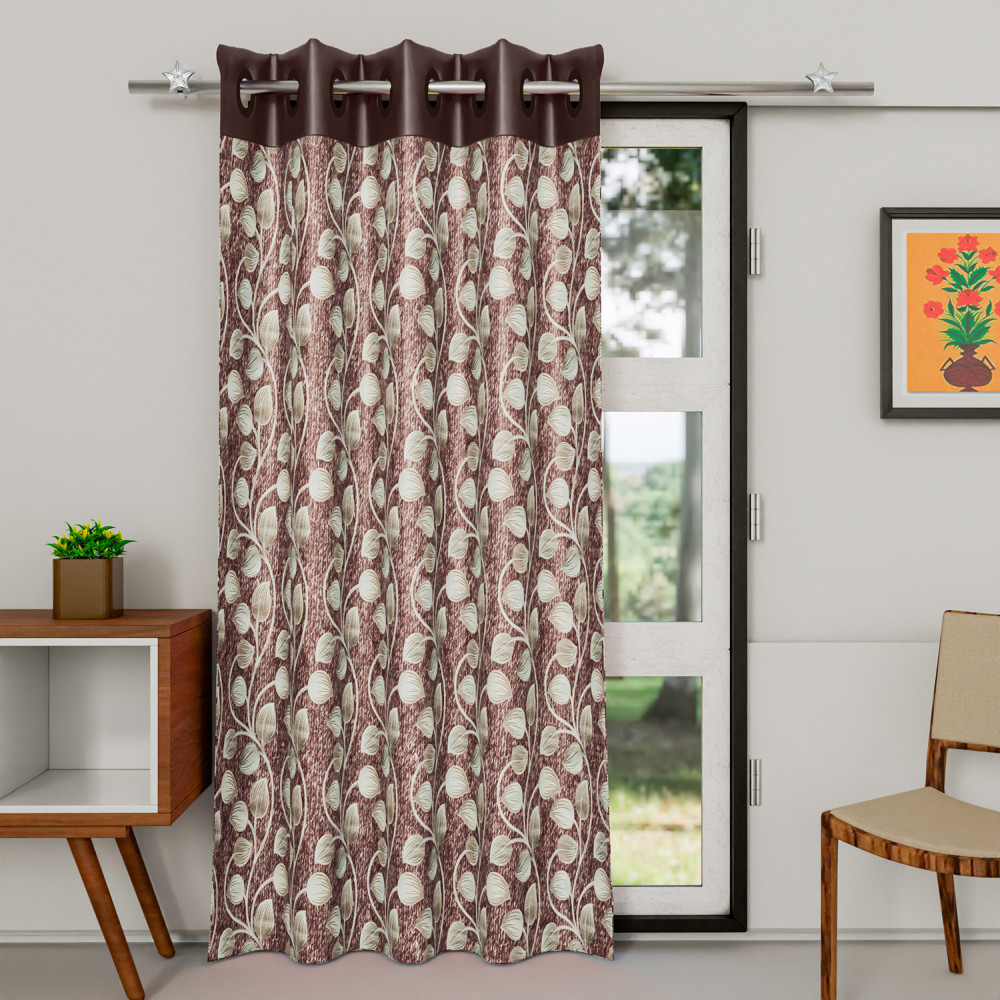 Kuber Industries Silk Decorative 7 Feet Door Curtain | Leaf Print Blackout Drapes Curtain With 8 Eyelet For Home &amp; Office (Brown)