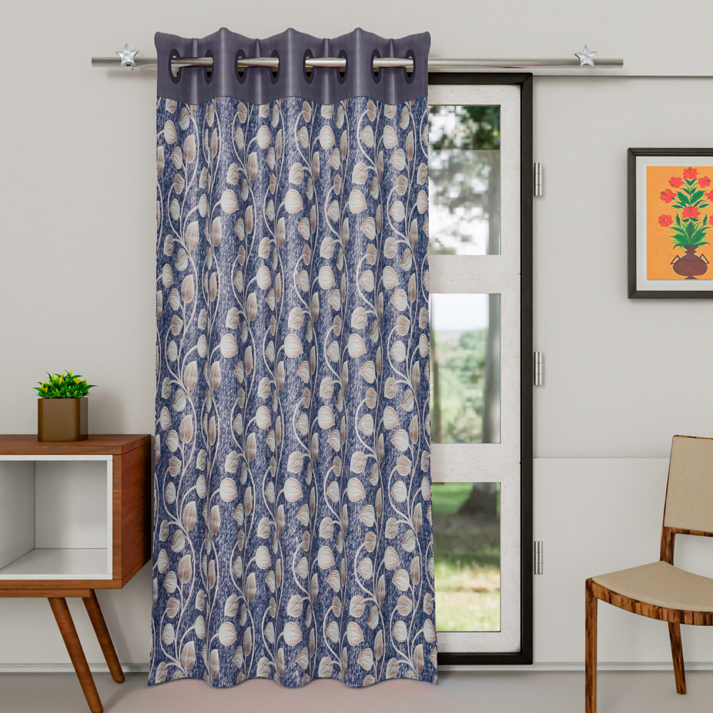 Kuber Industries Silk Decorative 7 Feet Door Curtain | Leaf Print Blackout Drapes Curtain With 8 Eyelet For Home &amp; Office (Blue)