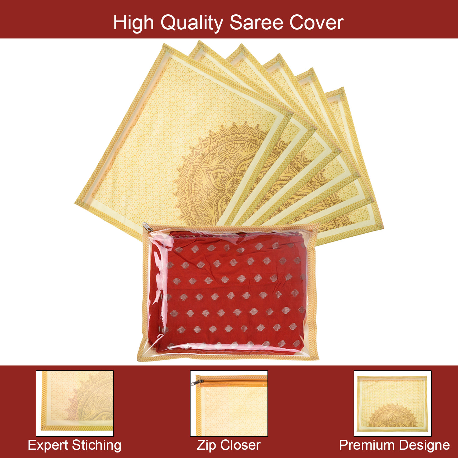 Kuber Industries Single Packing Saree Cover|Non-Woven Rangoli Print Storage Cover|Foldable Transparent Top Wardrobe Storage Bag (Cream)