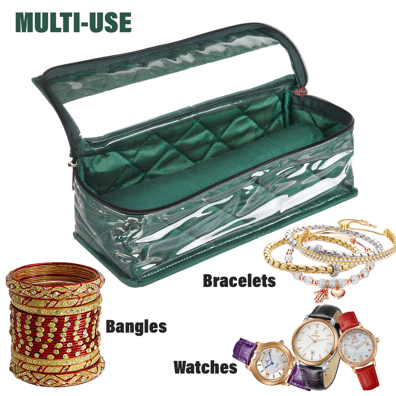 Kuber Industries Single Rod Bangle Box | Dupin Silk Fabric Transparent Top Chudi Organizer | Travelling Bracelets Organizer for Woman with Beads | Green