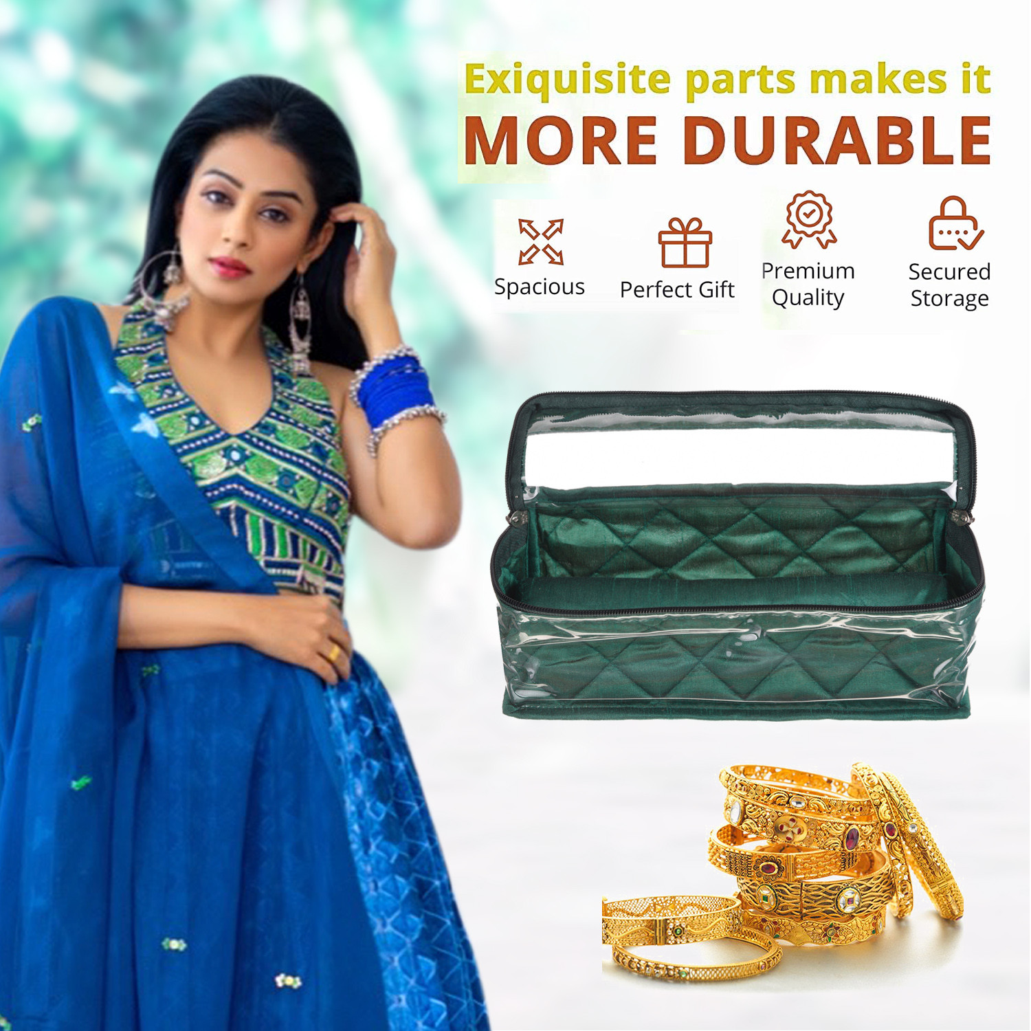 Kuber Industries Single Rod Bangle Box | Dupin Silk Fabric Transparent Top Chudi Organizer | Travelling Bracelets Organizer for Woman with Beads | Green