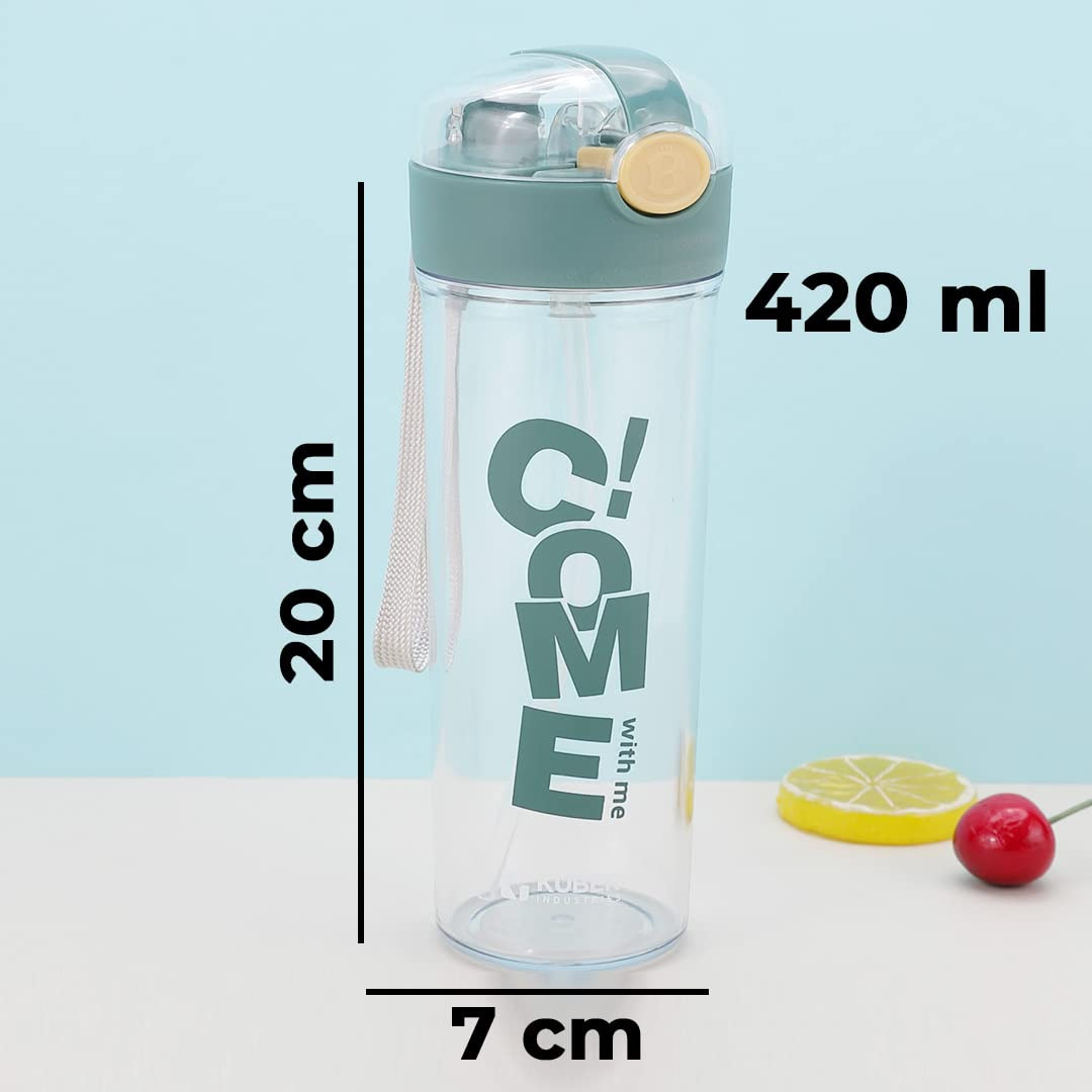 Kuber Industries Sipper Bottle with Straw for Kids,Tumbler Sipper Cup,Cute Water Bottle with Lid,Food Grade Plastic,One Click Open,Leak Proof,BPA Free, 420 ml (Transparent with Green Cap, Pack of 1)