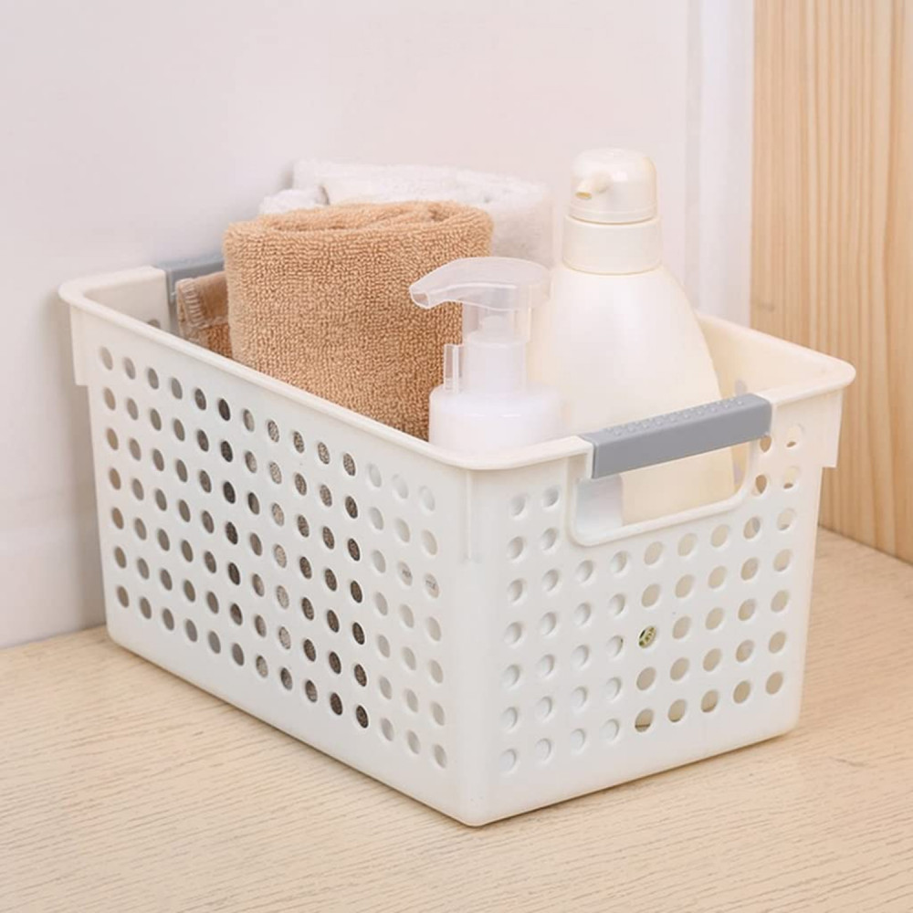 Kuber Industries Small Hollow Storage Basket With Handle|Kitchen &amp; Home Organizer For Wardrobe|Tray For Toys, Fruits, Books (White)