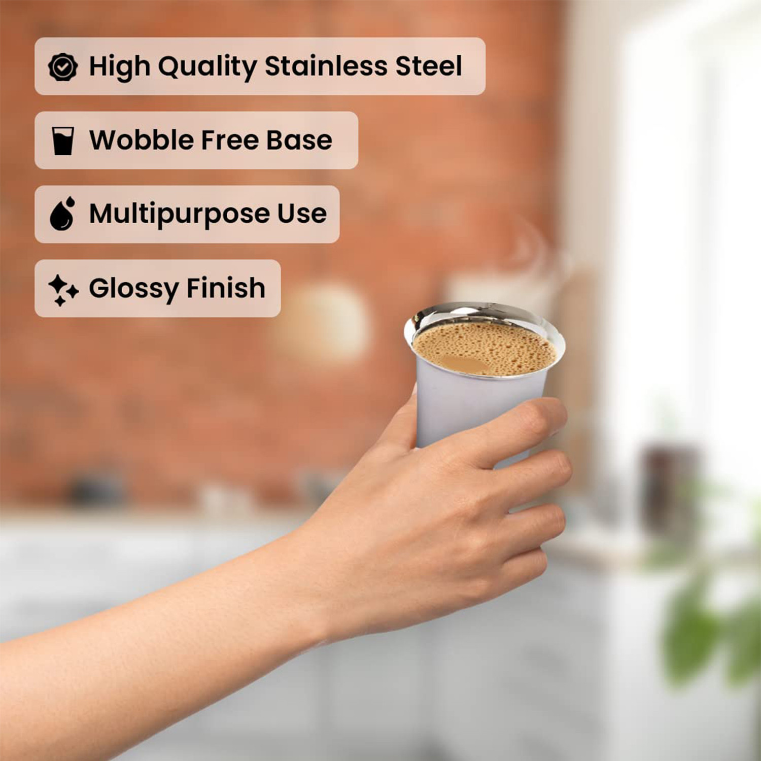 Kuber Industries Small Stainless Steel Glass | Set of 6 I South Indian Design | Multipurpose Serving Tea Coffee I Mirror Finish | Easy to Clean & Maintain