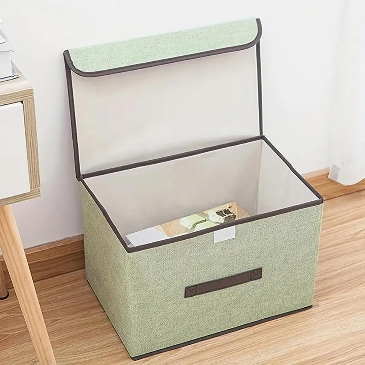 Kuber Industries Small Storage Box With Lid|Foldable Toys Storage Bin|Wardrobe Organizer For clothes|Front Handle & Sturdy (Green)