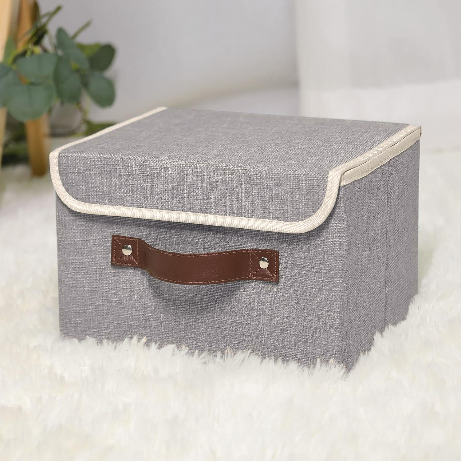 Kuber Industries Small Storage Box With Lid|Foldable Toys Storage Bin|Wardrobe Organizer For clothes|Front Handle & Sturdy (Grey)