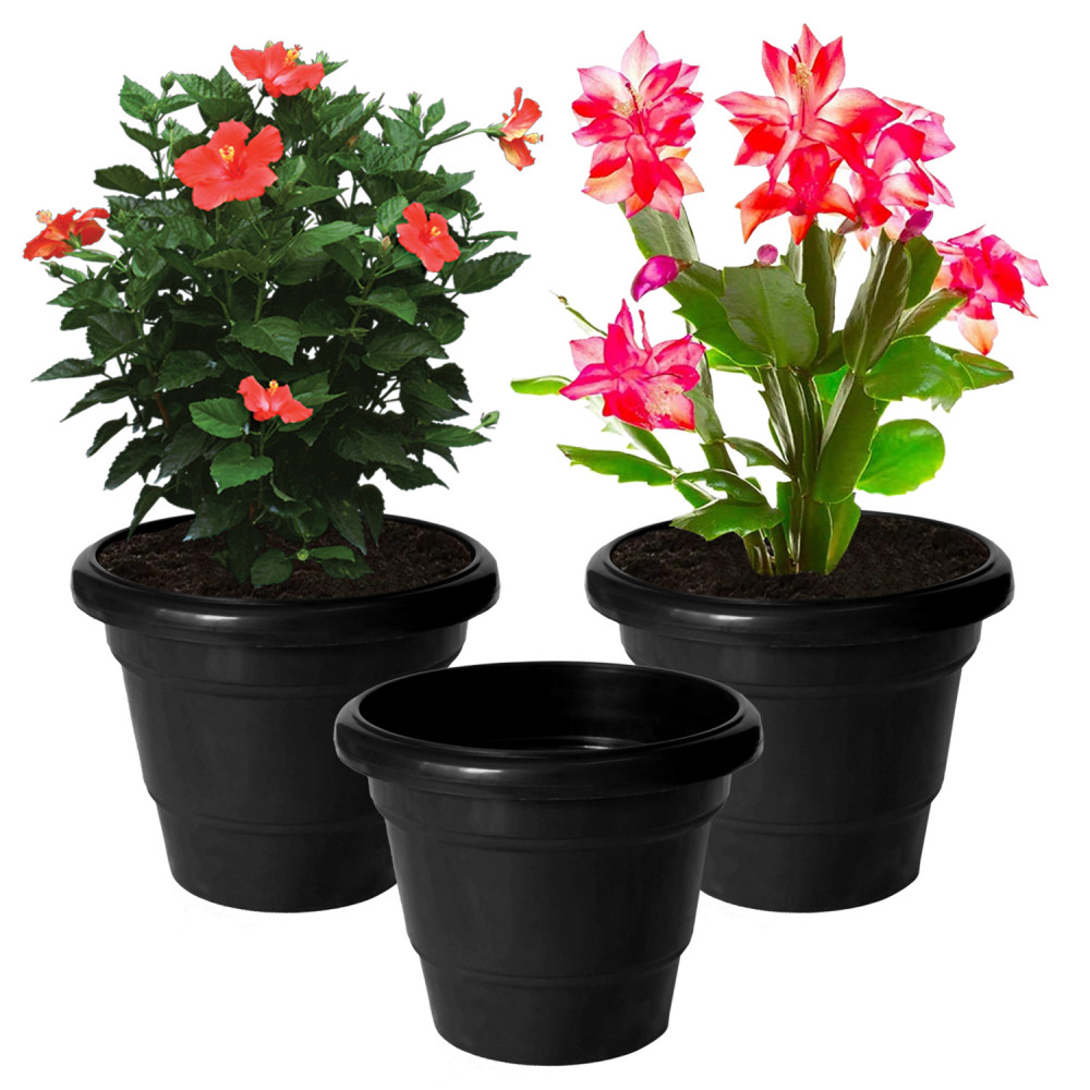 Kuber Industries Solid 2 Layered Plastic Flower Pot|Gamla For Home Decor,Nursery,Balcony,Garden,6&quot;x5&quot;,(Black)