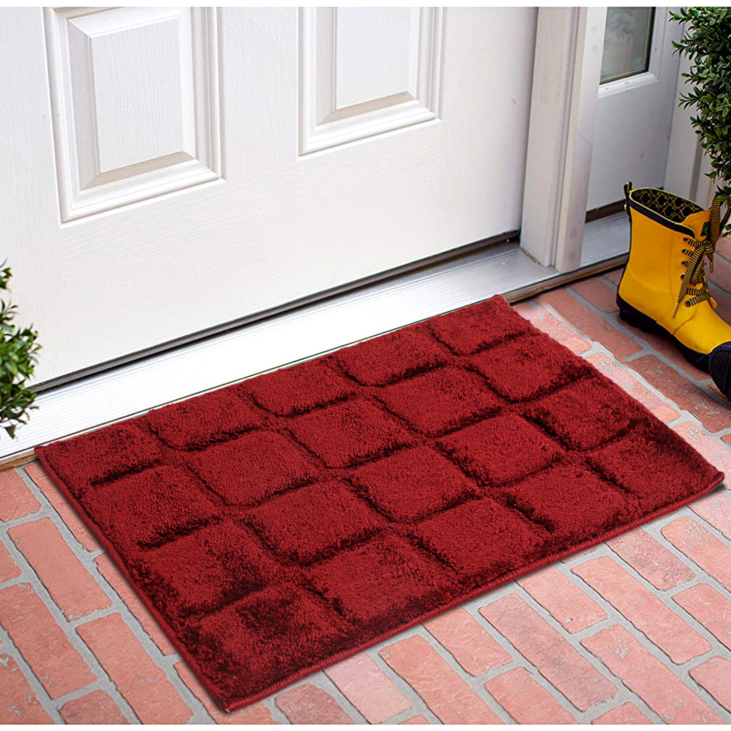 Kuber Industries Square Design Soft, lightweigth Velvet Doormat/ Floor Mat (Maroon)