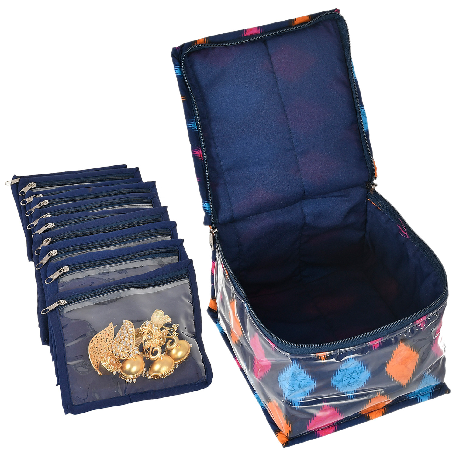 Kuber Industries Square Navajo Printed Laminated PVC Jewellery Organiser, Storage Bags for Necklace, Earrings, Rings, Bracelet With 10 Transparent Pouches (Blue)