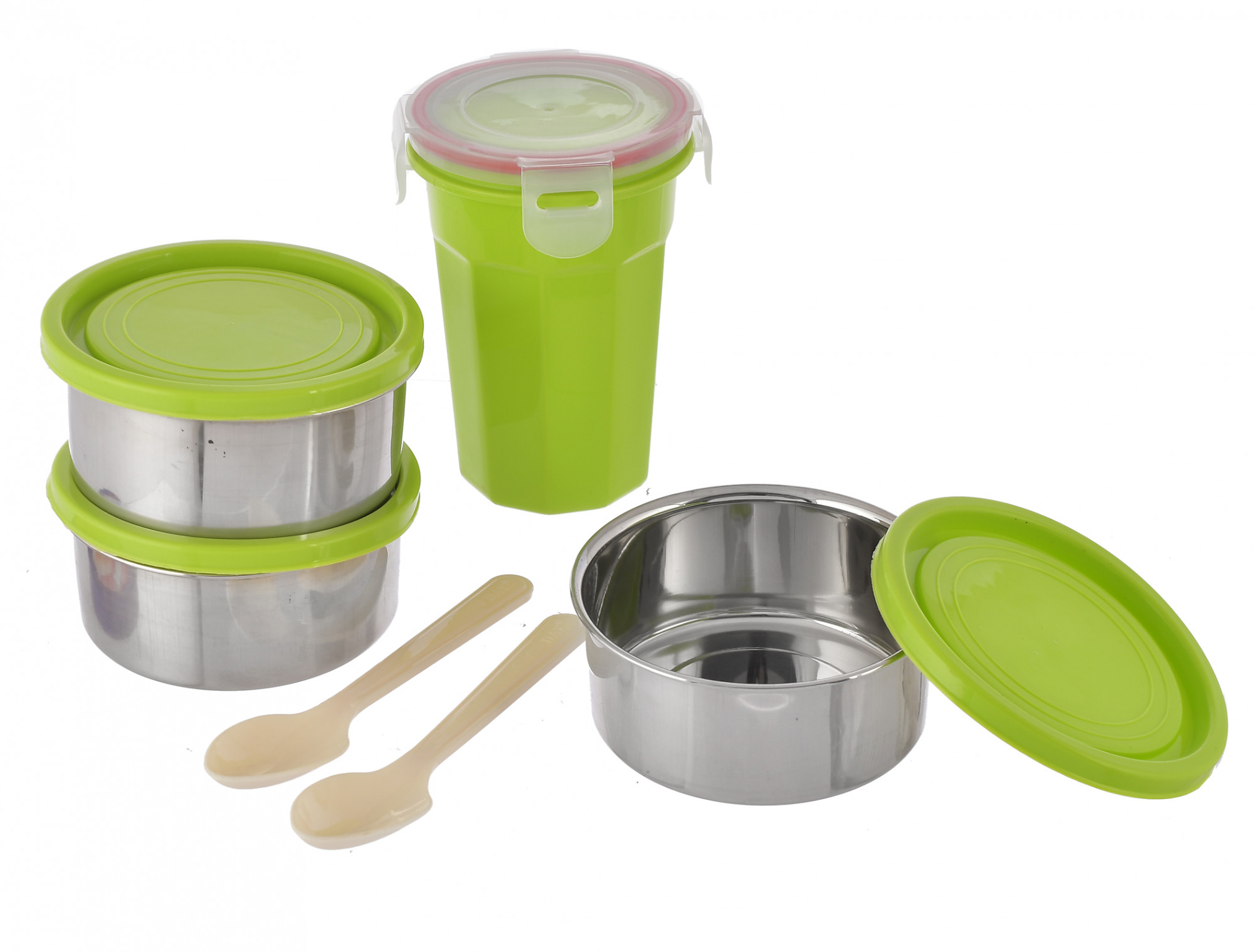 Kuber Industries Stainless Steel 3 Container, 1 Plastic Glass and 2 Plastic Spoon Lunch Box Set With Carry Bag (Green)-HS42KUBMART25119
