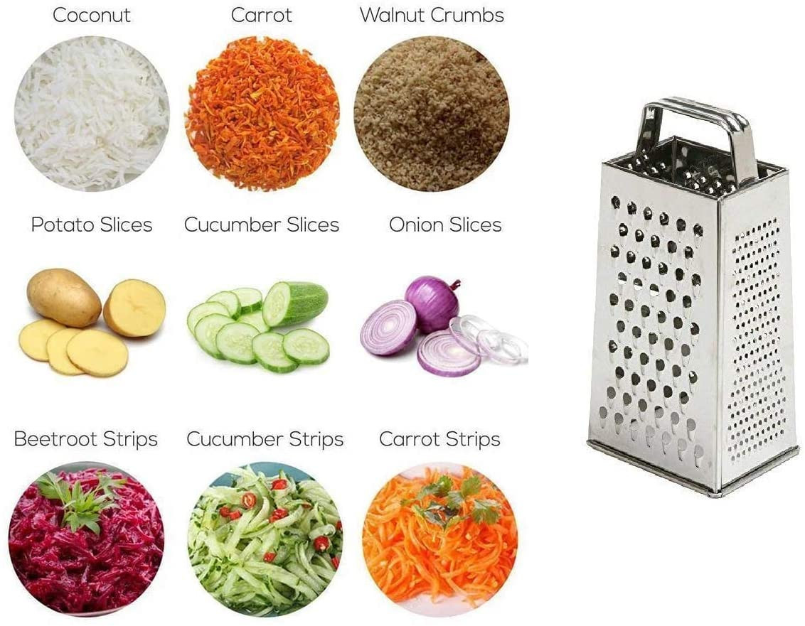 Kuber Industries Stainless Steel 5 IN 1 Grater And Slicer With 4 Sides For Cheese, Vegetables, Ginger, Garlic (Silver)