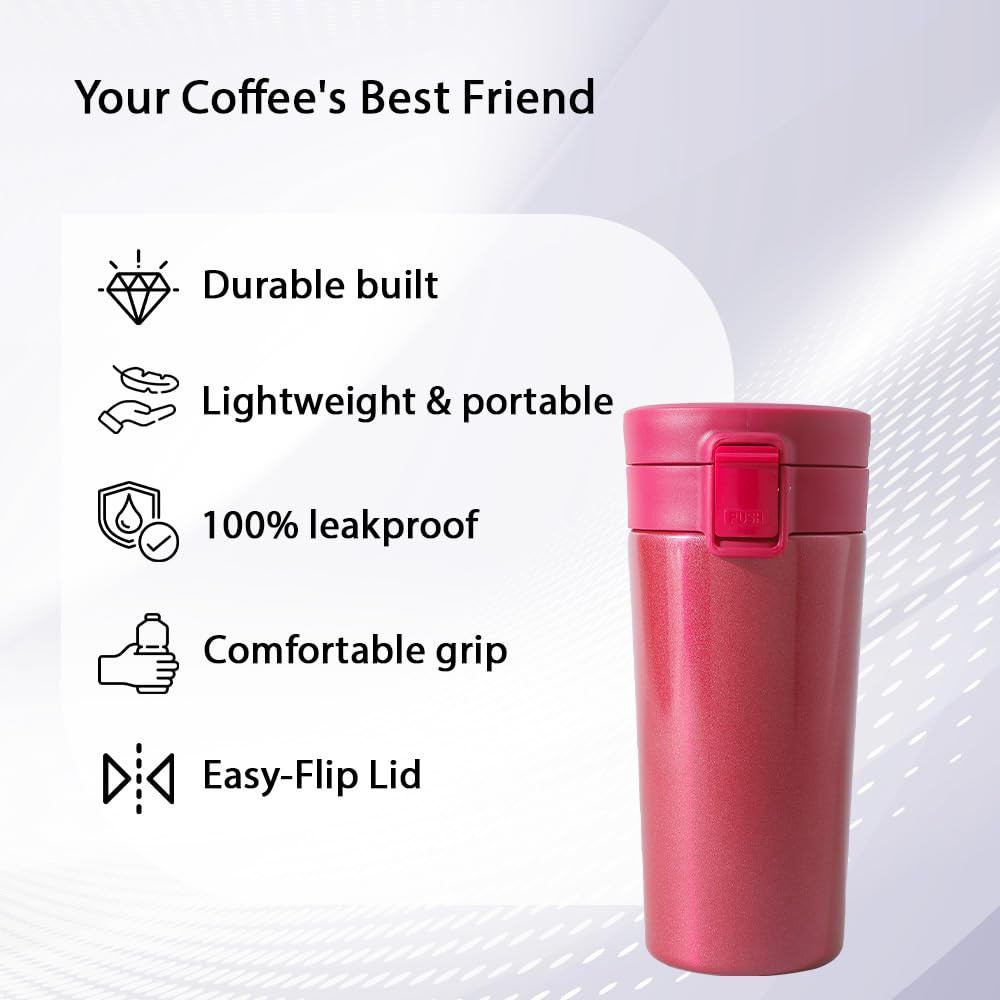 Kuber industries Stainless Steel Insulated Coffee Tumbler With Sipper Lid 380 ML (Red)