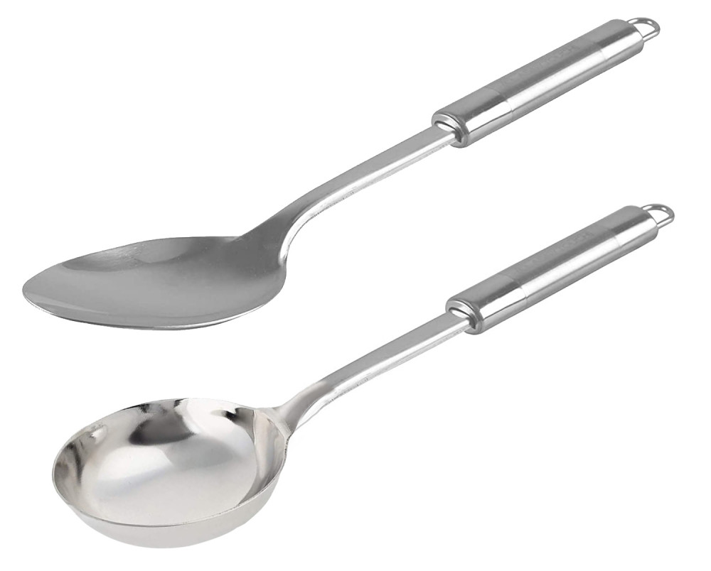 Kuber Industries Stainless Steel Kitchen Utensil Set of 2 (Ladle &amp; Solid Turner) Cooking Utensils - Nonstick Kitchen Utensils Cookware Set Best Kitchen Gadgets Kitchen Tool Set Gift (Silver)
