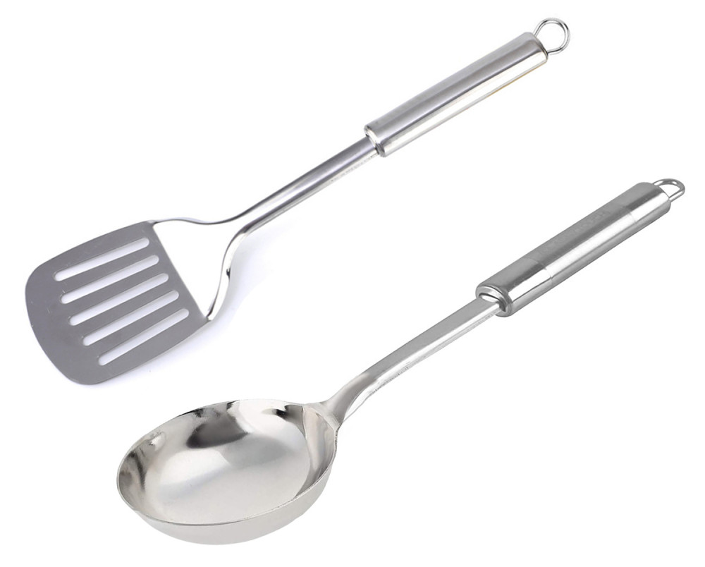 Kuber Industries Stainless Steel Kitchen Utensil Set of 2 (Slotted Turner &amp; Ladle) Cooking Utensils - Nonstick Kitchen Utensils Cookware Set Best Kitchen Gadgets Kitchen Tool Set Gift (Silver)