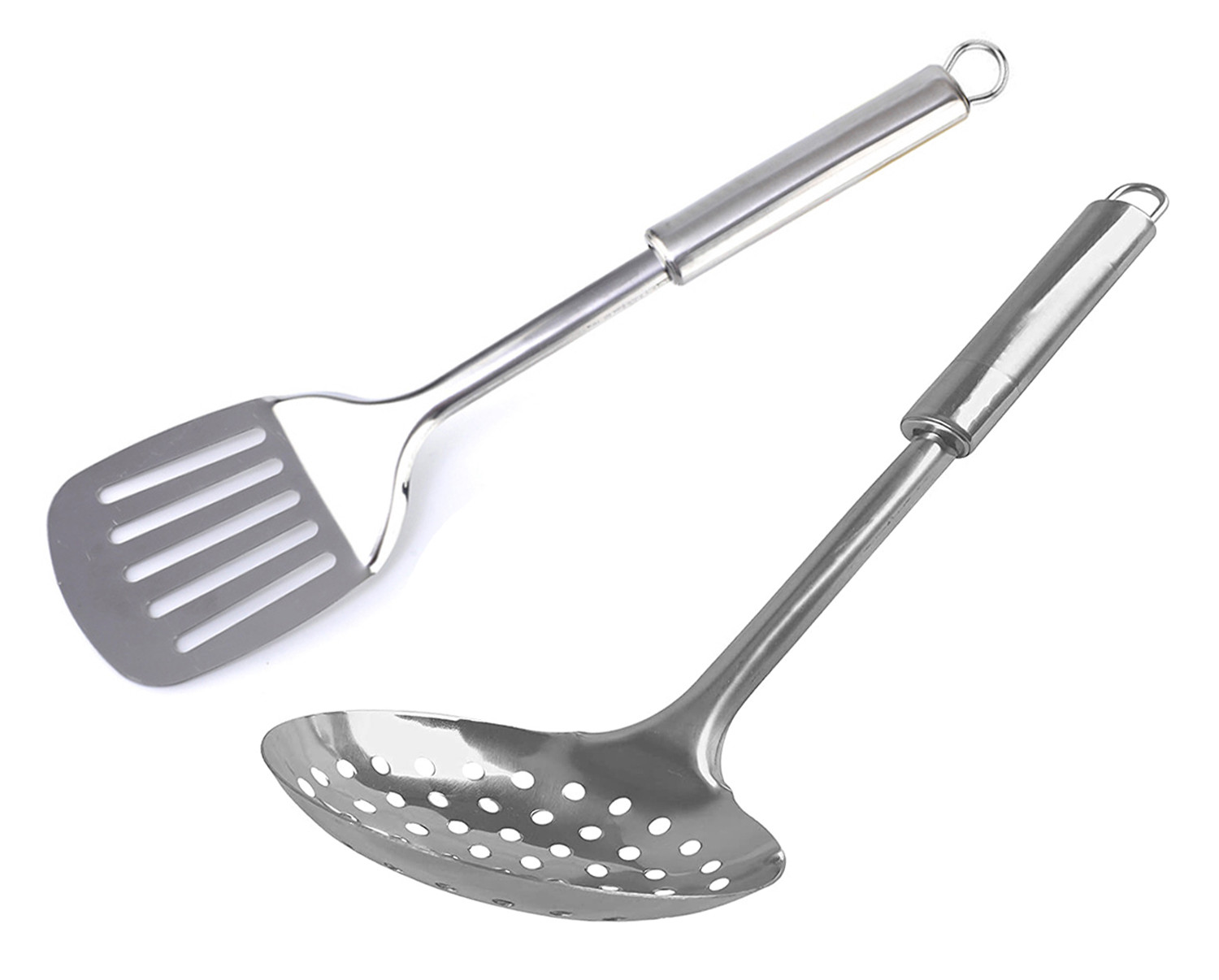 Kuber Industries Stainless Steel Kitchen Utensil Set of 2 (Slotted Turner & Skimmer) Cooking Utensils - Nonstick Kitchen Utensils Cookware Set Best Kitchen Gadgets Kitchen Tool Set Gift (Silver)