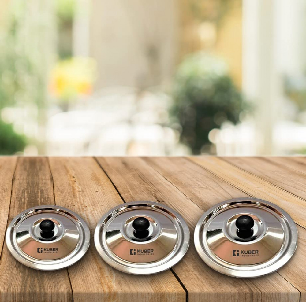Kuber Industries Stainless Steel Multipurpose Lid with Knob | Sturdy Knob &amp; Durable | Suitable for Pots, Pans, Kadhai, Tawa | Easy to Clean &amp; Hold | Steel Cooking Lid Set of 3