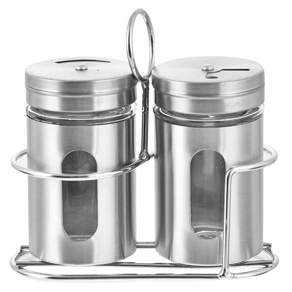 Kuber Industries Stainless Steel Salt and Pepper Shakers For Dining Table, Kitchen with Adjustable Pour Holes &amp; Holder, Set of 2 (Silver)