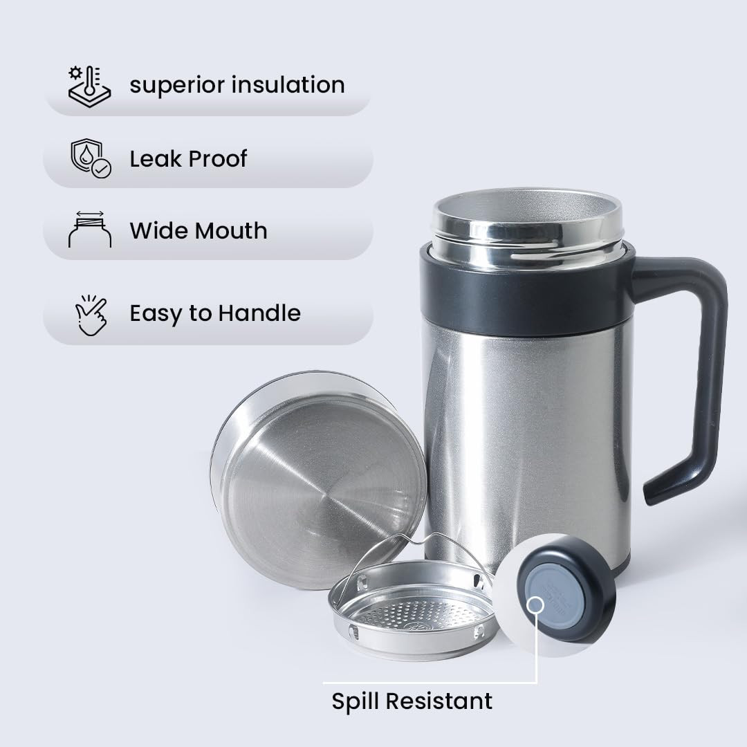 Kuber industries Stainless Steel Vacuum Insulated Mug With Lid 400 ML (Silver)
