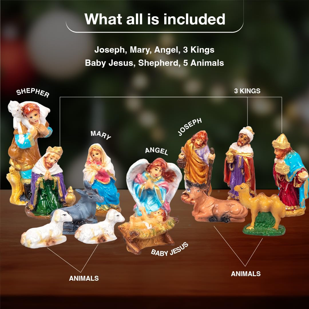 Kuber Industries Statues | Christmas Crib Statues Set | Christmas Decor Set | Christmas Nativity Set | Gleevers Resin Statues | 5 Inch | Set of 13 | Multicolour