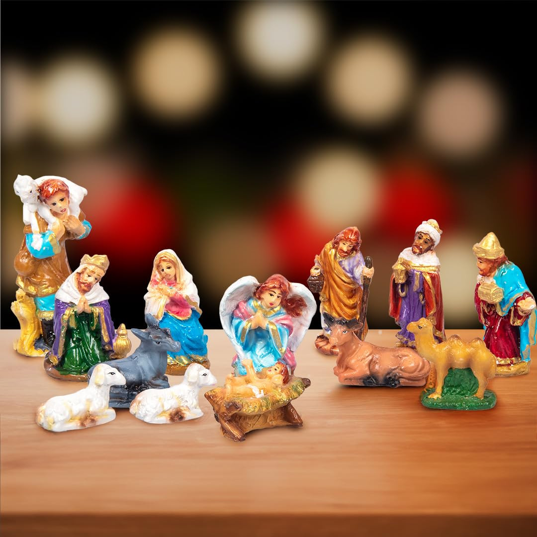 Kuber Industries Statues | Christmas Crib Statues Set | Christmas Decor Set | Christmas Nativity Set | Gleevers Resin Statues | 5 Inch | Set of 13 | Multicolour