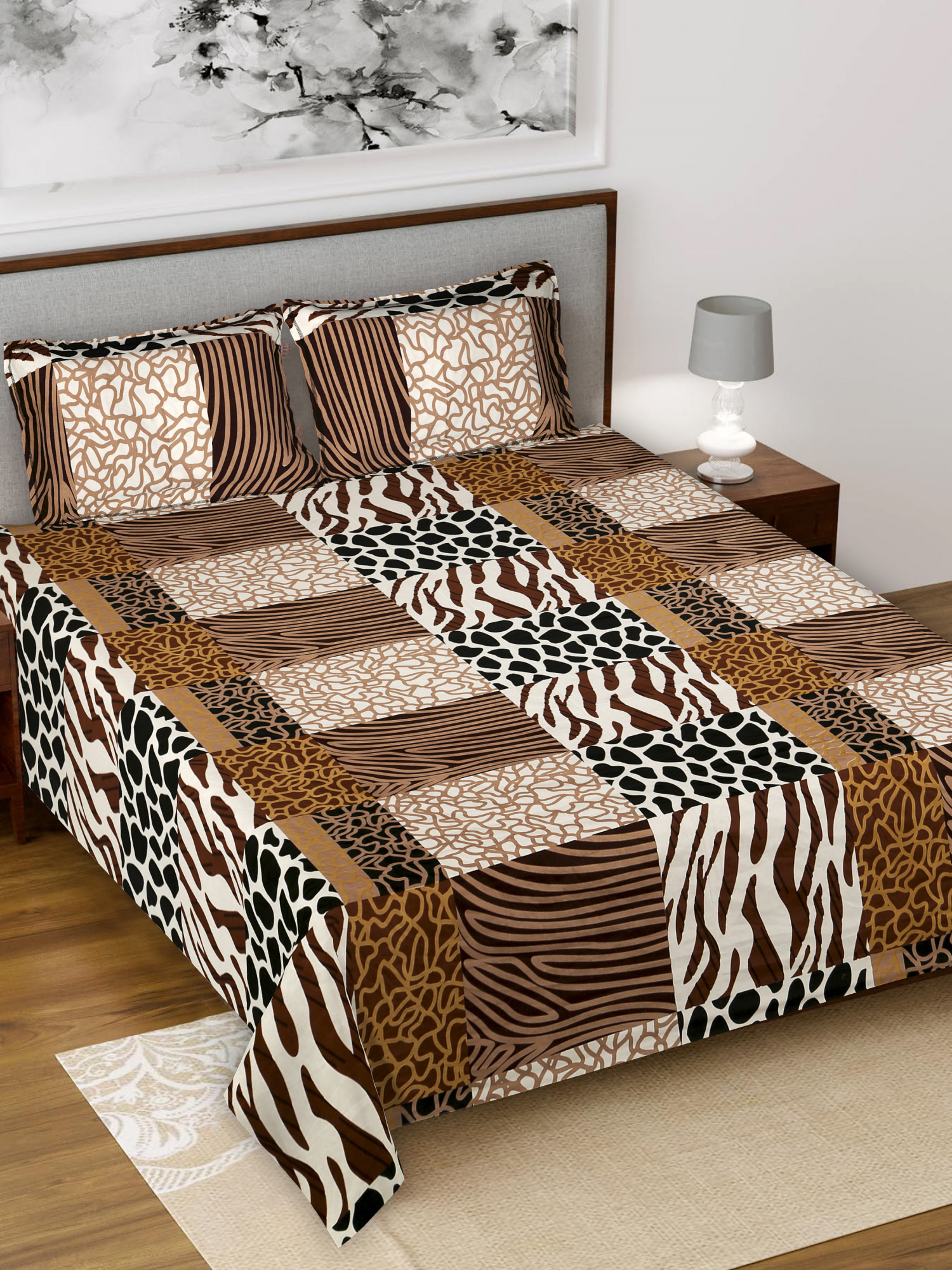 Kuber Industries Stone Print Glace Cotton 144 TC King Size Double Bedsheet with 2 Pillow Covers (Black & Brown)