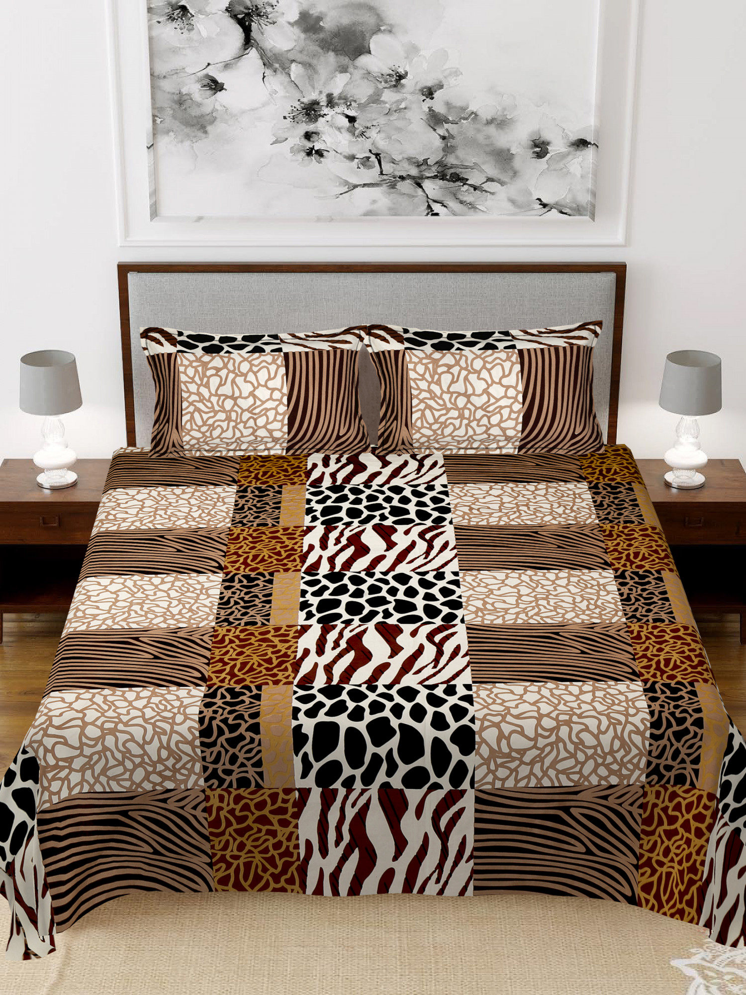 Kuber Industries Stone Print Glace Cotton 144 TC King Size Double Bedsheet with 2 Pillow Covers (Black & Brown)
