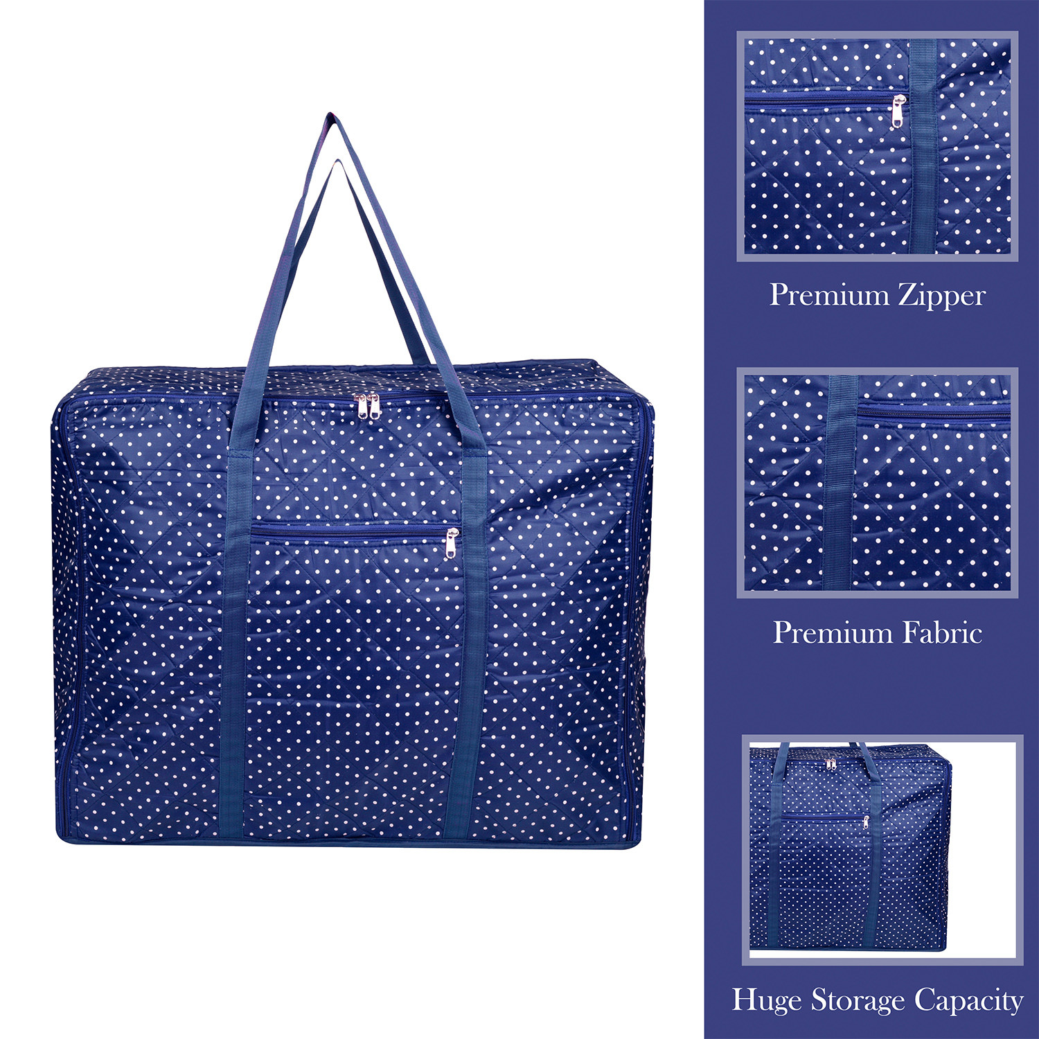 Kuber Industries Storage Bag | Polyester Travel Duffle Bag | Foldable Underbed Storage Bag | Dot Print Storage Bag For Clothes with Handle | Large | Blue