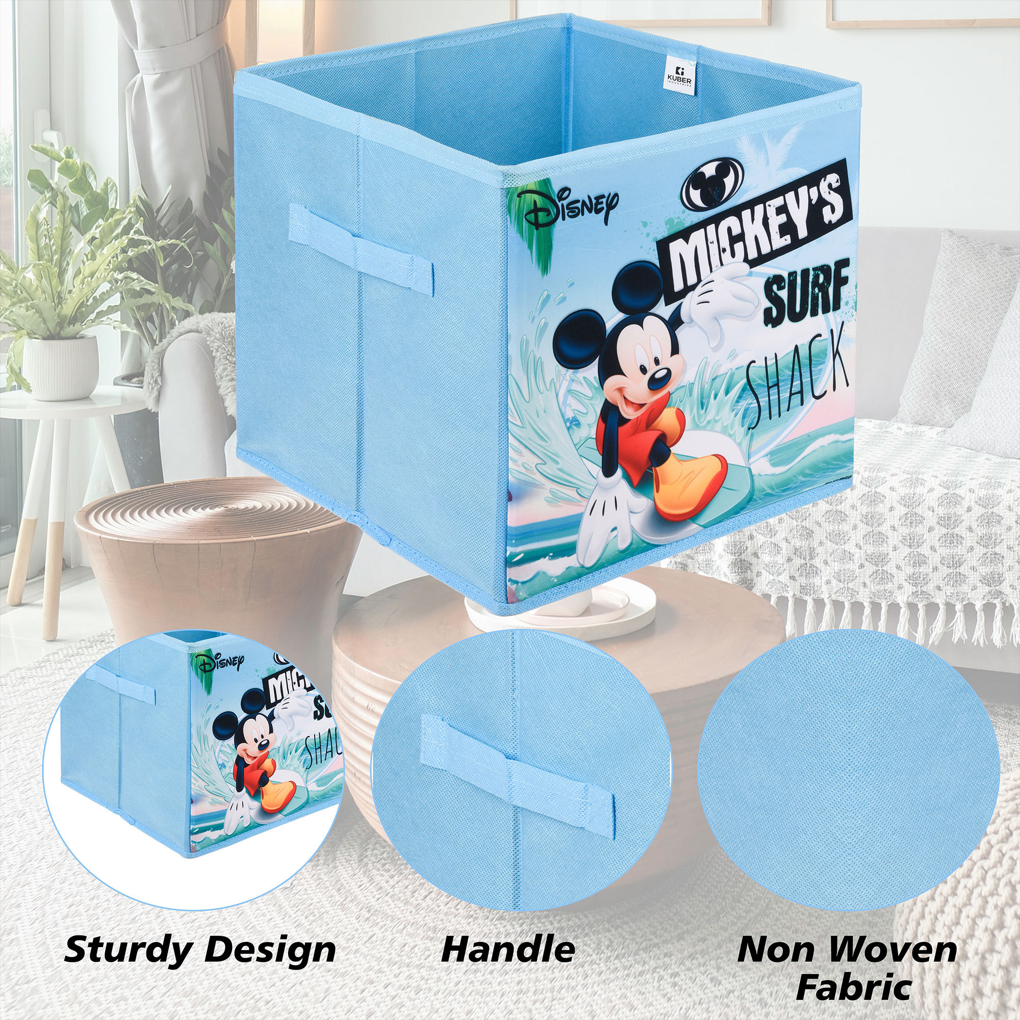 Kuber Industries Storage Box | Square Toy Storage Box | Wardrobe Organizer for Clothes-Books-Toys | Stationary Organizer | Drawer Organizer Box with Handle | Disney Mickey | Sky Blue