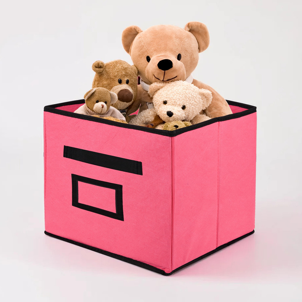 Kuber Industries Storage Box | Square Toy Storage Box | Wardrobe Organizer for Clothes-Books-Toys | Stationary Organizer | Drawer Organizer Box with Handle &amp; Name Pocket | Pink