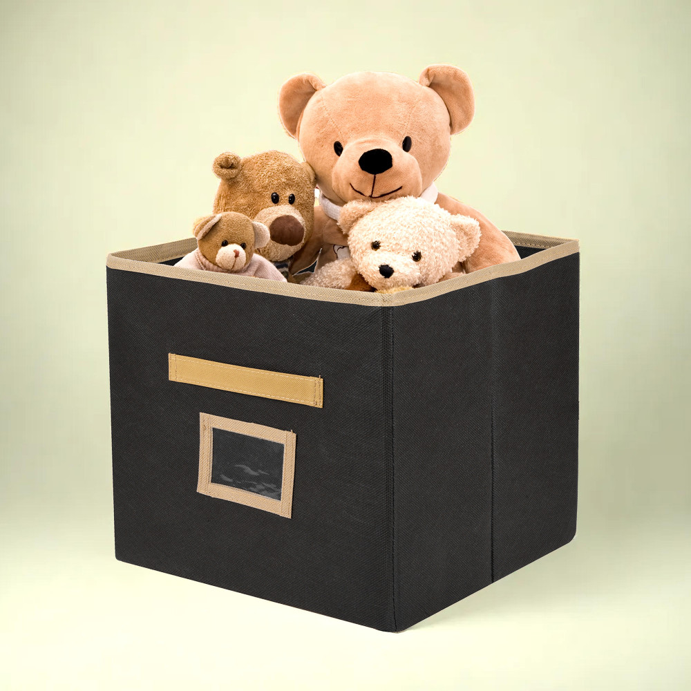 Kuber Industries Storage Box | Square Toy Storage Box | Wardrobe Organizer for Clothes-Books-Toys | Stationary Organizer | Drawer Organizer Box with Handle &amp; Name Pocket | Black