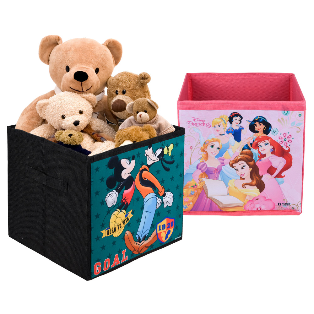 Kuber Industries Storage Box | Square Toy Storage Box | Wardrobe Organizer for Clothes-Books-Toys-Stationary | Drawer Organizer Box with Handle | Disney-Print | Black &amp; Pink
