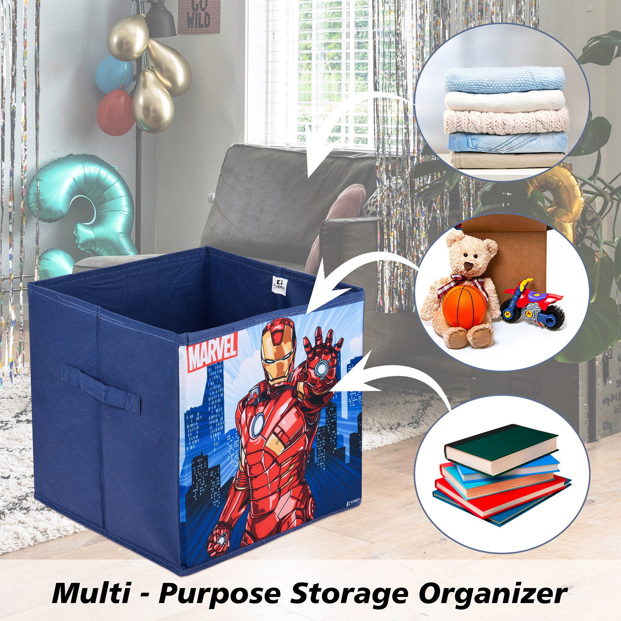 Kuber Industries Storage Box | Square Toy Storage Box | Wardrobe Organizer for Clothes-Books-Toys-Stationary | Drawer Organizer Box with Handle | Marvel-Print | Navy Blue & Green