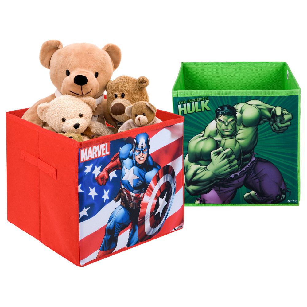 Kuber Industries Storage Box | Square Toy Storage Box | Wardrobe Organizer for Clothes-Books-Toys-Stationary | Drawer Organizer Box with Handle | Marvel-Print | Red &amp; Green